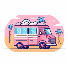 Pink ice-cream truck pop art style. Summer vibes. Tropical. Pastels. Graphic illustration. Retro style. 90s