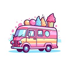 Pink ice-cream truck pop art style. Summer vibes. Tropical. Pastels. Graphic illustration. Retro style. 90s