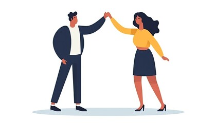 Flat graphic vector illustration isolated on white. Happy mixed race man and woman giving high-five, supporting gesture, clapping hands together. Congrats, deal, trust, success, solidarity concept.