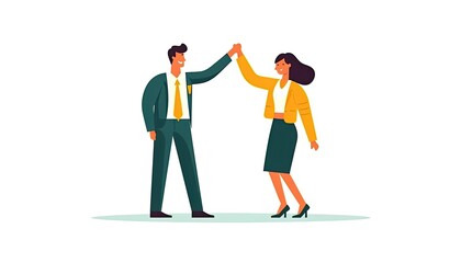 Fototapeta premium Flat graphic vector illustration isolated on white. Happy man and woman giving high-five, supporting gesture, clapping hands together. Congrats, deal, trust, success, solidarity concept.