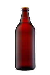600ml bottle of strong dark red ipa beer without a label for mockup. Ice cream appearance but without the drops. Isolated on white background with shadow at the base