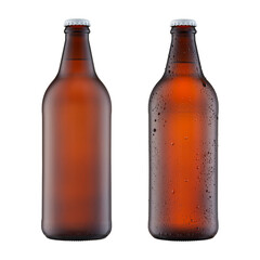 kit of image 600ml brown beer bottle with drops isolated without shadow and 600ml brown beer bottle without drops without shadow on a white background with work path to mockup