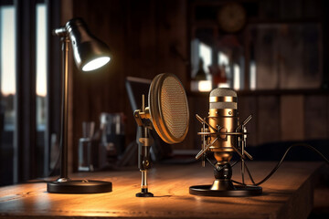 Vintage podcasting station: Retro microphone and headphones on wooden table, dark wall with logo/text space. Generative AI