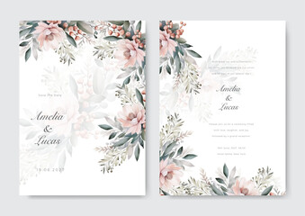 Arrangement of soft pink flowers and leaves at corner frame hand painting on wedding invitation card