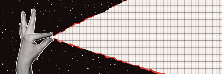 Collage banner for social media or websites. Halftone a hand pulls a sheet of checkered paper that covers outer space. Free space for text. Сontemporary vector design. © Alina Kolyuka