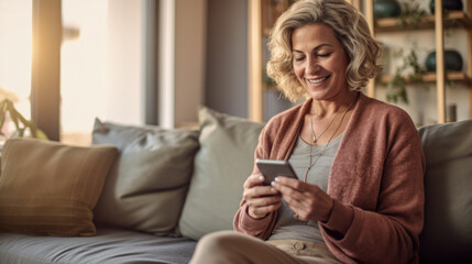 An elderly woman reads the news using a smartphone created with generative AI technology