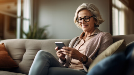 An elderly woman reads the news using a smartphone created with generative AI technology