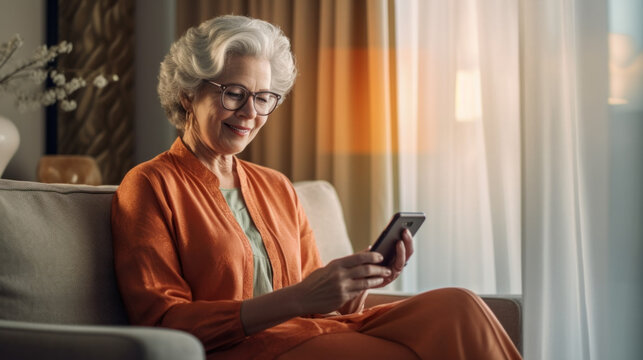 An elderly woman reads the news using a smartphone created with generative AI technology