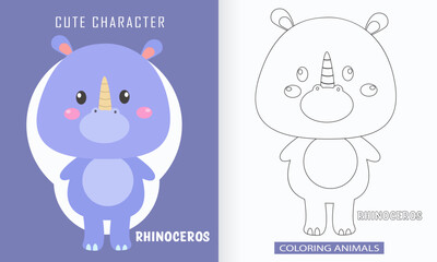 Animal character coloring book for cute rhinoceros