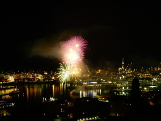 fireworks over Genoa harbour, Liguria, Italy