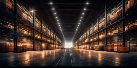 AI Generated. AI Generative. Logistic storage stock depo port dock warehouse inside. Business shipping transportation. Graphic Art - obrazy, fototapety, plakaty