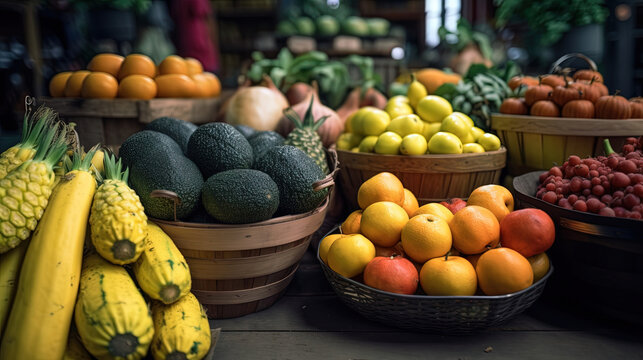 Image of a farm harvest, fruits and vegetables in a beautiful market display