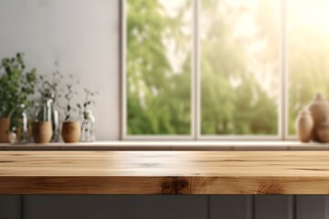 empty wood table top blurry modern kitchen interior background, generative ai