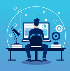 Flat vector illustration of a man working at a computer in blue tones