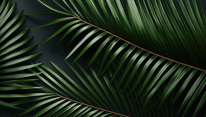 Palm tree leaf background. Tropical foliage closeup. Beauty spa salon concept. Beach summer exotic relax. Palm leaf top view flat lay. Copy space. Banner. Ai generative