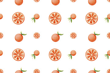 Decorative orange pattern with fruits and leaves for party, print and fabric. Digital watercolor illustration
