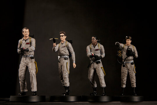 Udachnyy, Russia - June 15, 2023: Ghostbusters figurines. Heroes from films. fictional characters. Collectible figurines