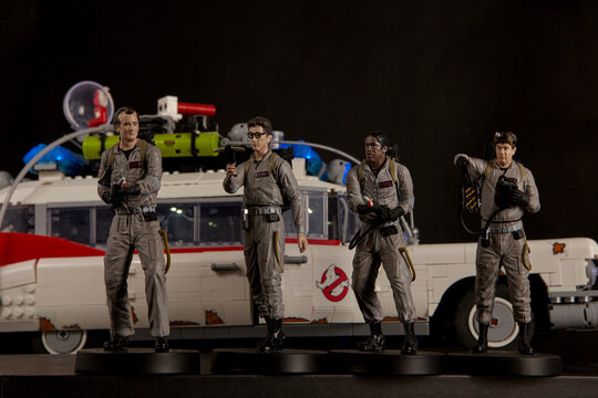 Udachnyy, Russia - June 15, 2023: Ghostbusters figurines. Heroes from films. fictional characters. Collectible figurines