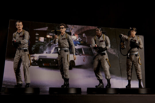 Udachnyy, Russia - June 15, 2023: Ghostbusters figurines. Heroes from films. fictional characters. Collectible figurines