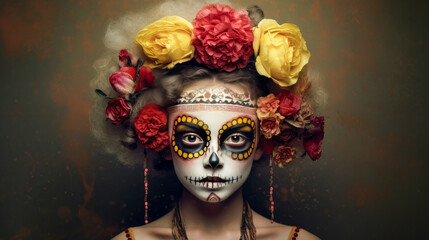 Girl in day of the dead outfit, with flowers on her head,