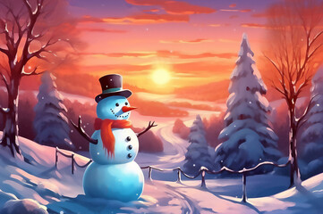Obraz premium Merry christmas and happy new year greeting card. Happy snowman standing in christmas landscape. Winter fairytale. Post processed ai