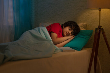 Portrait of little boy sleeping on bed