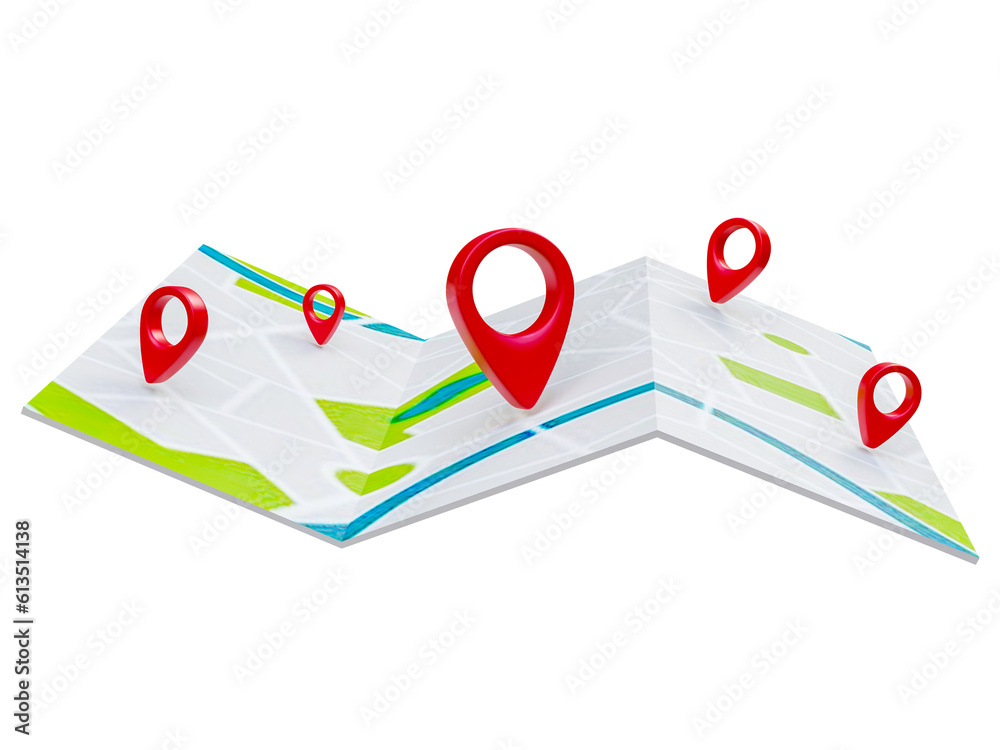 Fototapete Folded maps navigation with red color point markers map. World travel pin location on a global map for travel tourism trip planning world tour. 3d rendering