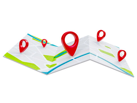 Fototapeta Folded maps navigation with red color point markers map. World travel pin location on a global map for travel tourism trip planning world tour. 3d rendering