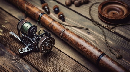 Obraz na płótnie Canvas Fishing rod, spoon, hooks on a brown wooden background. fishing bait. Generative Ai