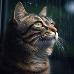 A Tabby cat looks out of the window during the rain