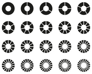 Chart segments collection. Sections and slices pack. Wheel diagrams set in black color.