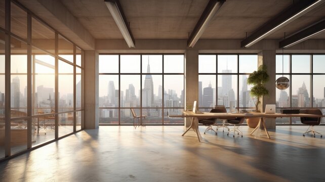 Loft-style hi-tech open space office with floor-to-ceiling windows and city view. Light-colored concrete walls and floors, large tables, comfortable chairs, desktop computers, plants in Generative AI