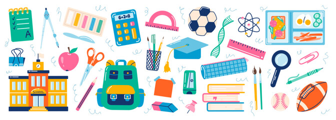 School concept elements set. Vector flat illustration in hand drawn style. Back to school
