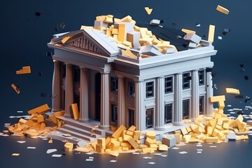 The bank building is collapsing. Bankruptcy of a financial institution. The bricks of the economic foundation are crumbling and flying apart. Economic crisis. Mockup, 3D rendering. Generative AI