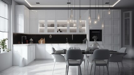 Front view on bright scandi style kitchen interior with white fasades, dining table with armchairs, modern kitchen appliances. Concept of minimalist design. 3D rendering. Generative AI