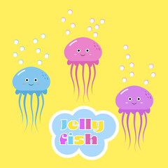 Cute funny colorful cartoon jellyfishes on yellow background.
