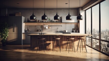 Fototapeta na wymiar Modern loft kitchen with breakfast bar in an urban luxury apartment. Wooden floor, concrete wall, wooden bar counter with bar stools, plants, floor-to-ceiling windows with city view. 3d Generative AI