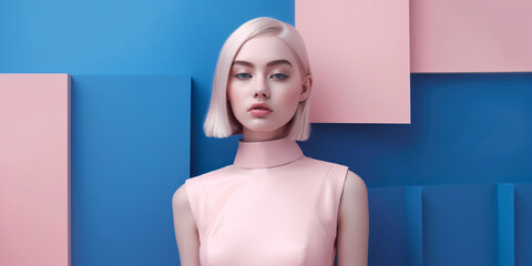 surreal fashion girl in front of a minimal and geometric architectural backdrop in pink and blue tones, fictional person created with generative ai