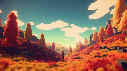Landscape of autumn in 3d pixel art