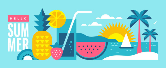 Summer banner with sea landscape and fruits.