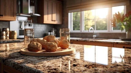 Fototapeta na wymiar Fragment of a modern kitchen in a luxury home. Quartz countertop, wooden cabinets, table decor, pastries on a wooden cutting board in the foreground, beautiful garden view from the Generative AI