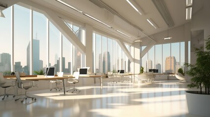 Hi-tech open space office with floor-to-ceiling windows and city view. Light-colored concrete walls and floors, large tables, comfortable chairs, desktop computers, plants in floor tubs. Generative AI