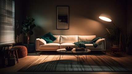 Interior of modern cozy living room. Stylish sofa with pillows and plaid, ottoman, coffee table, plant in a floor vase, poster on the wall, carpet, floor lamp, decorations in modern home Generative AI