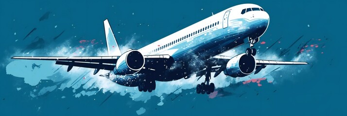 take-off plane on blue background Air travel concept flying airliner. Illustration for design banner, poster. Generative ai