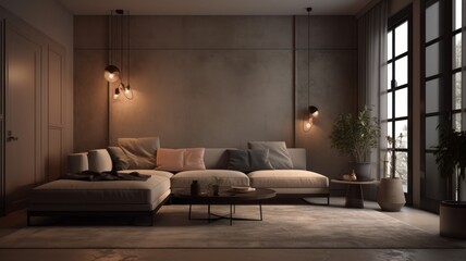 Interior of a modern cozy minimalistic living room. Stylish corner sofa with cushions, coffee table, plants in floor vases, rug, wall sconces, decorations in modern home decor. Mockup, Generative AI
