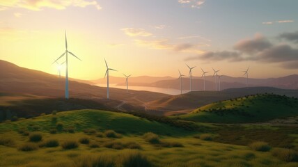 Fototapeta na wymiar Wind turbines on the green hills against the colorful sunset sky. Production of renewable green energy. Sustainable development concept. Mock up, 3D rendering. Generative AI