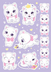 Cute cartoon cats printable stickers vector illustrations for kids