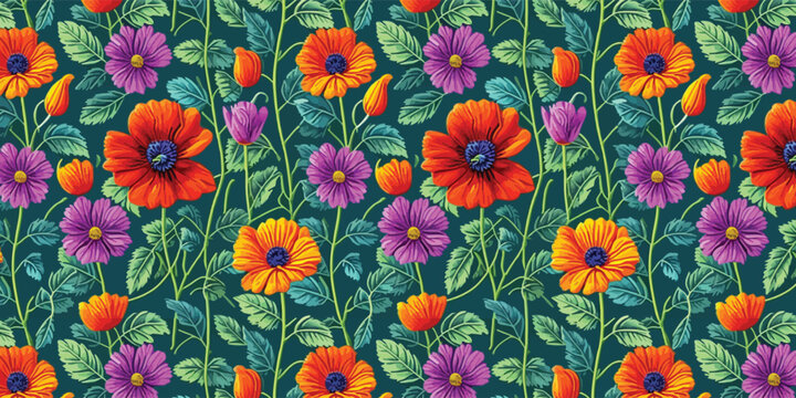 Trendy seamless vector floral pattern. Contemporary print made of flowers and leaves pattern. Summer and spring motifs. Orange, Yellow, purple and Green flower bouquet. Botanic floral Tile.