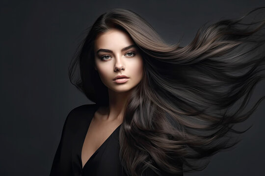 Portrait of Beautiful Brunette Woman with Long Straight Hair. AI generative. Hair Flying in the Wind. Copy Space.