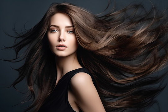Portrait of Beautiful Brunette Woman with Long Wavy Hair. AI generative. Hair Flying in the Wind. Copy Space.